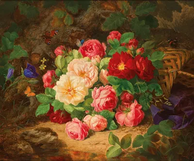 A Forest Floor with a Still Life of Roses and Butterflies by Josef Lauer — digital art print download