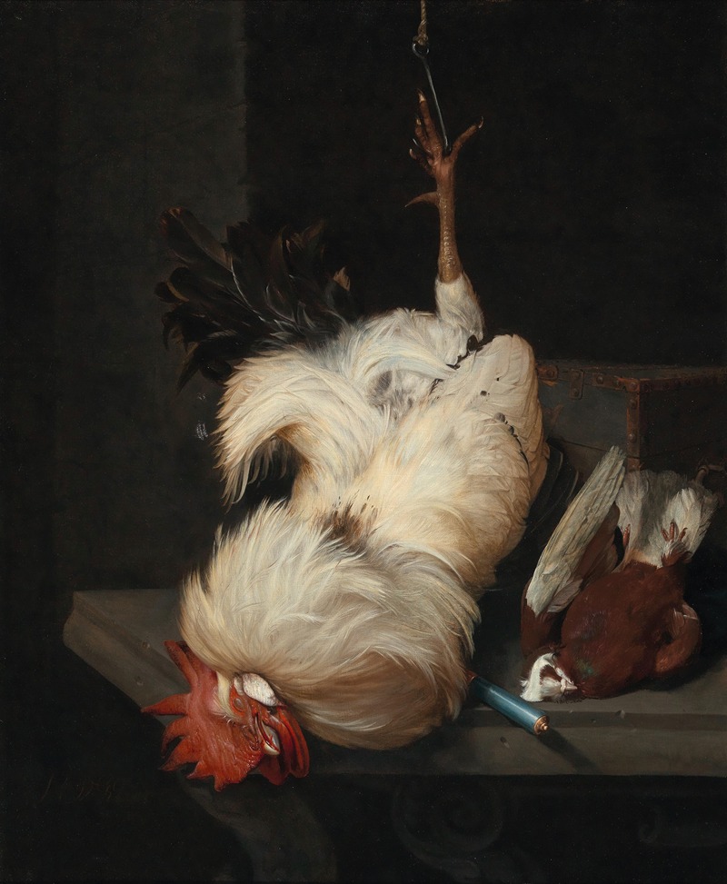 A white cockerel and a pigeon on a stone table — Nicolaes van Gelder