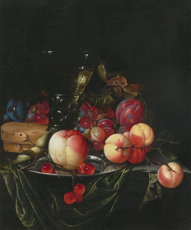 Still life with pears, grapes and plums — Cornelis de Heem