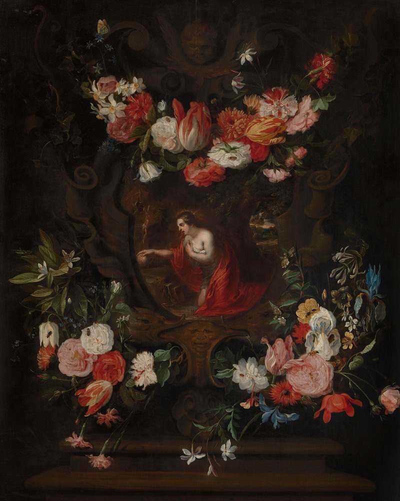 Flower wreath frames the virgin Mary by Daniel Seghers — digital art print download