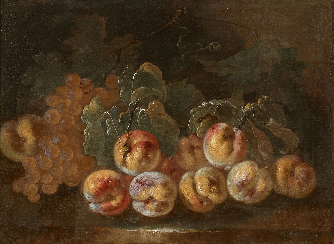Pêches et raisins sur un entablement — Giovanni Paolo Castelli