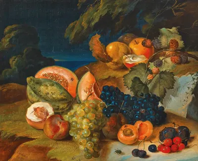 Still life with melons, grapes, peach and cherries by Antal Jozsef Strohmayer, 1850 — digital art print download
