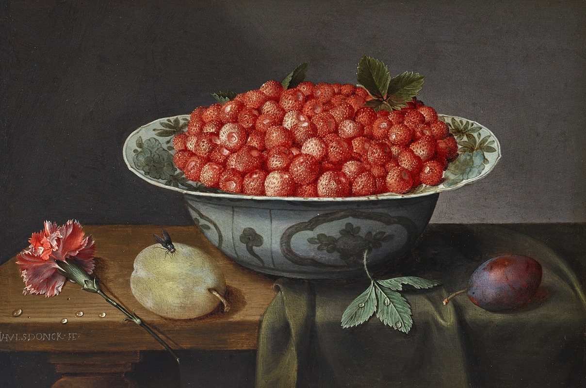 Wild strawberries in a Delftware bowl — Jacob van Hulsdonck
