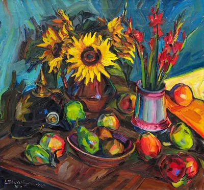 Blumenstilleben mit Sonnenblumen, Gladiolen und Pickelhelm by Peter August Böckstiegel, 1915 — digital art print download