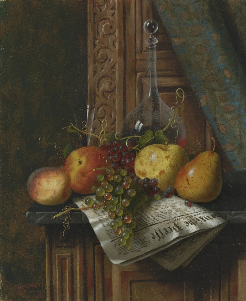 Still Life with Munich Newspaper, Fruit and Decanter — William Michael Harnett