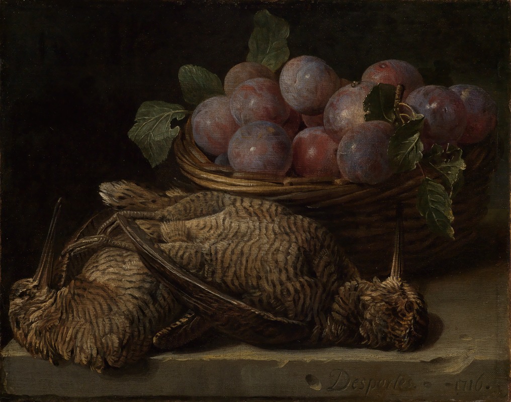 Still life with plums and two snipes on a stone table — Alexandre François Desportes