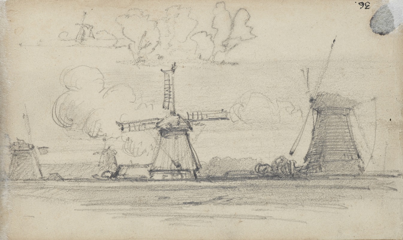 Sketch of landscape with windmills — Petrus van der Velden