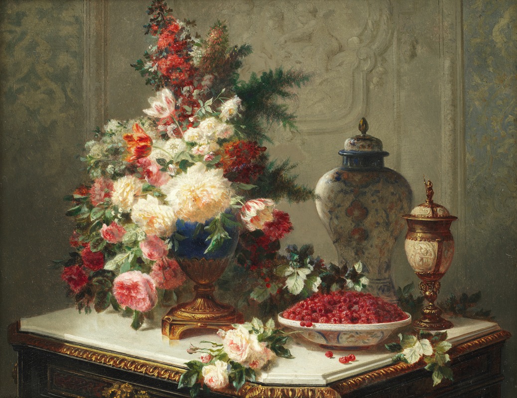 Still life with flowers and raspberries — Jean-Baptiste Robie