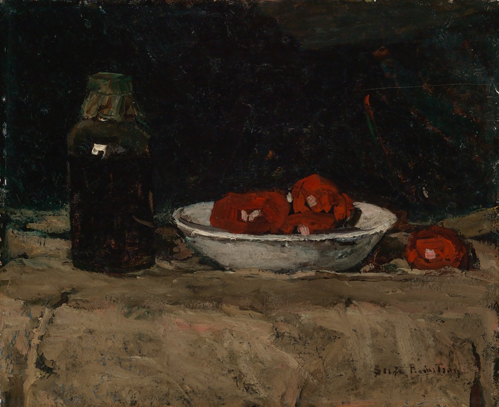 Stilleben mit Glasflasche und Tomaten — Susanne Bisschop