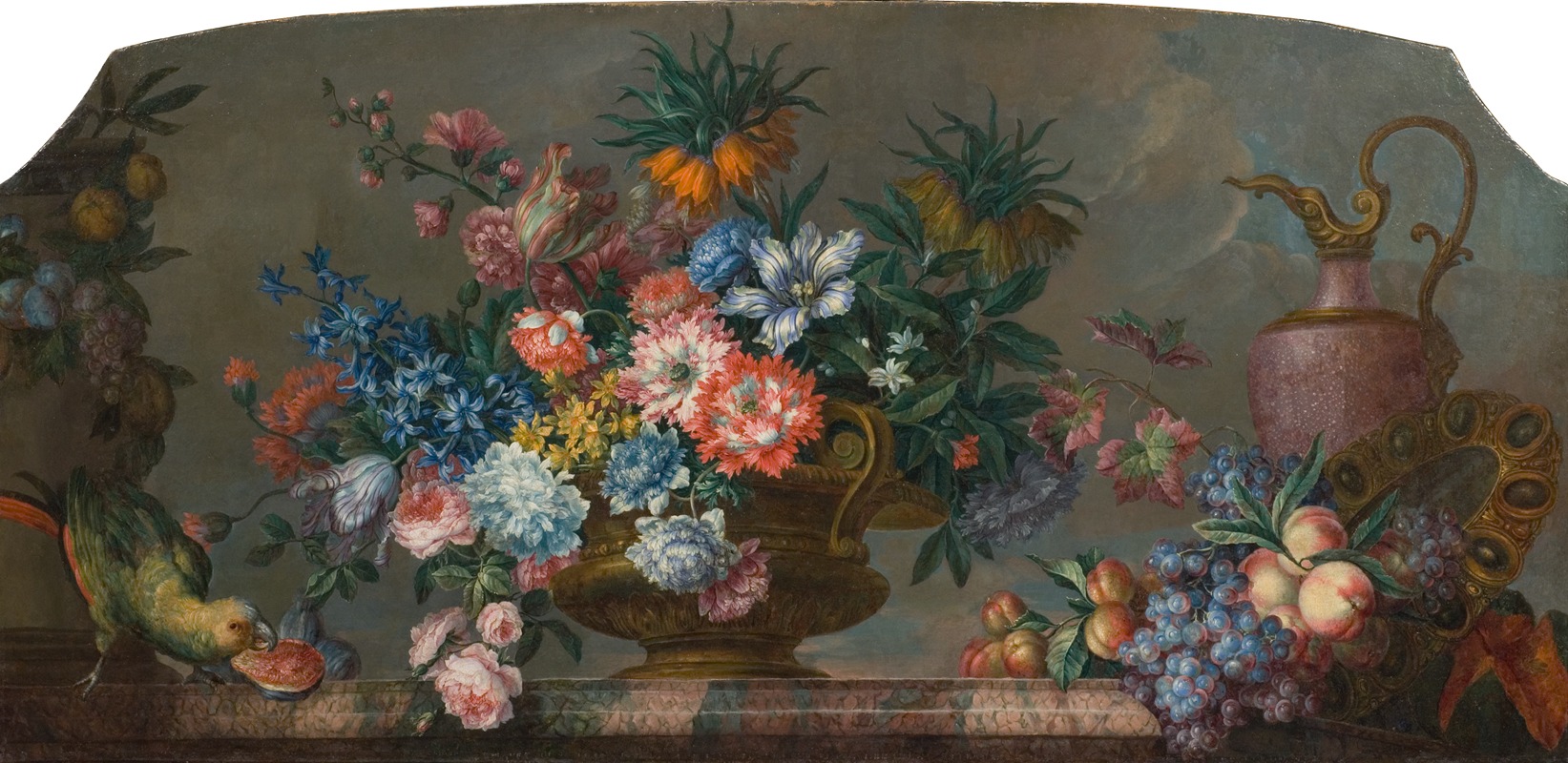 Flowerpiece with Vases and a Parrot — Antoine Monnoyer