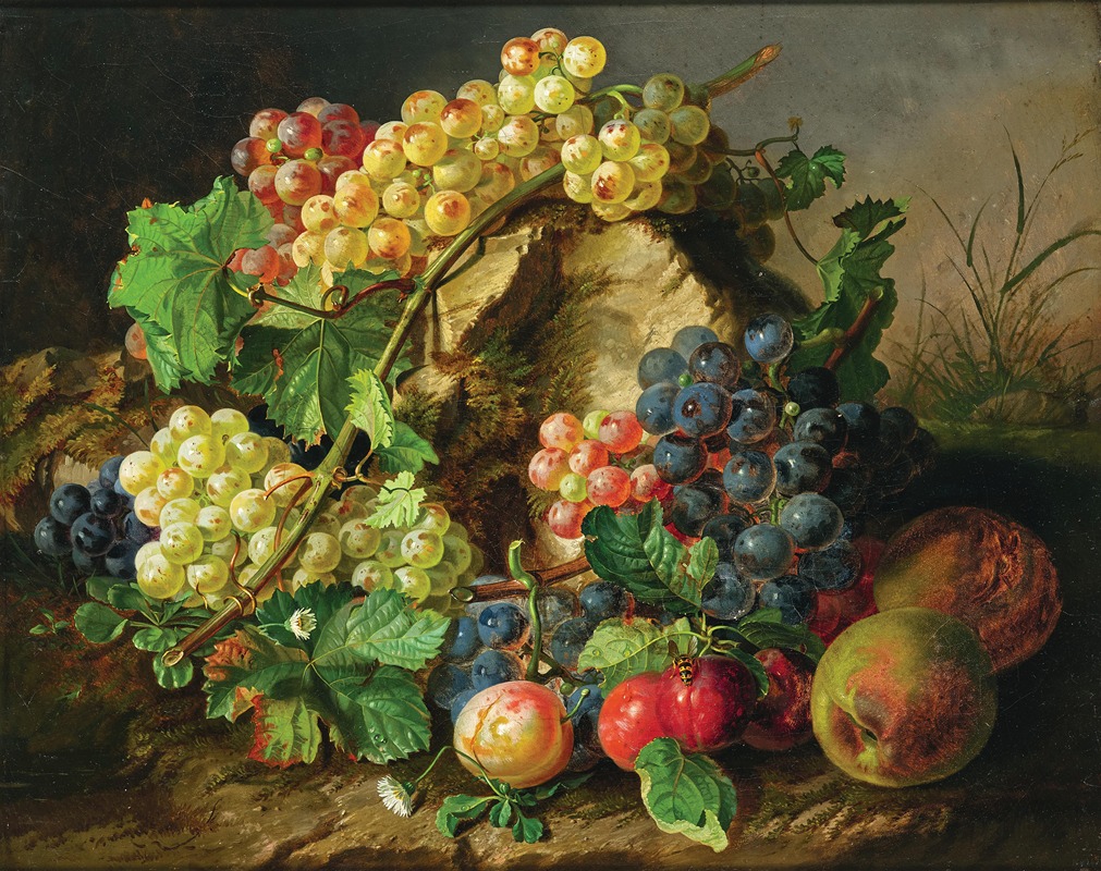 Fruit Still Life with Grapes, Apples and a Wasp — Antal Jozsef Strohmayer