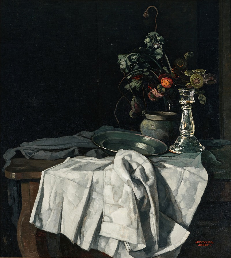 Still life with a white tablecloth and a silver candlestick — Йозеф Штойцнер