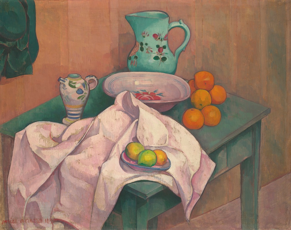 Nature morte (pichet, assiette, fruits sur serviette déployée) — Emile Bernard