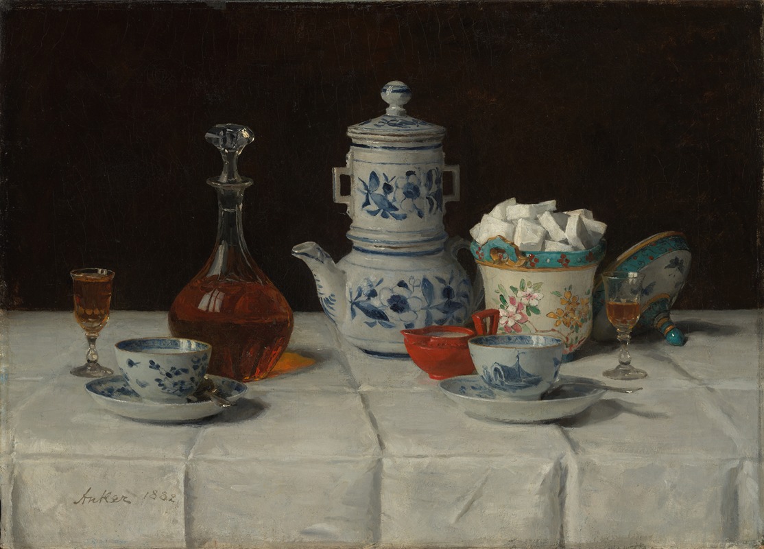 Still life with coffee setting and cognac bottle by Альберт Анкер, 1882 — digital art print download