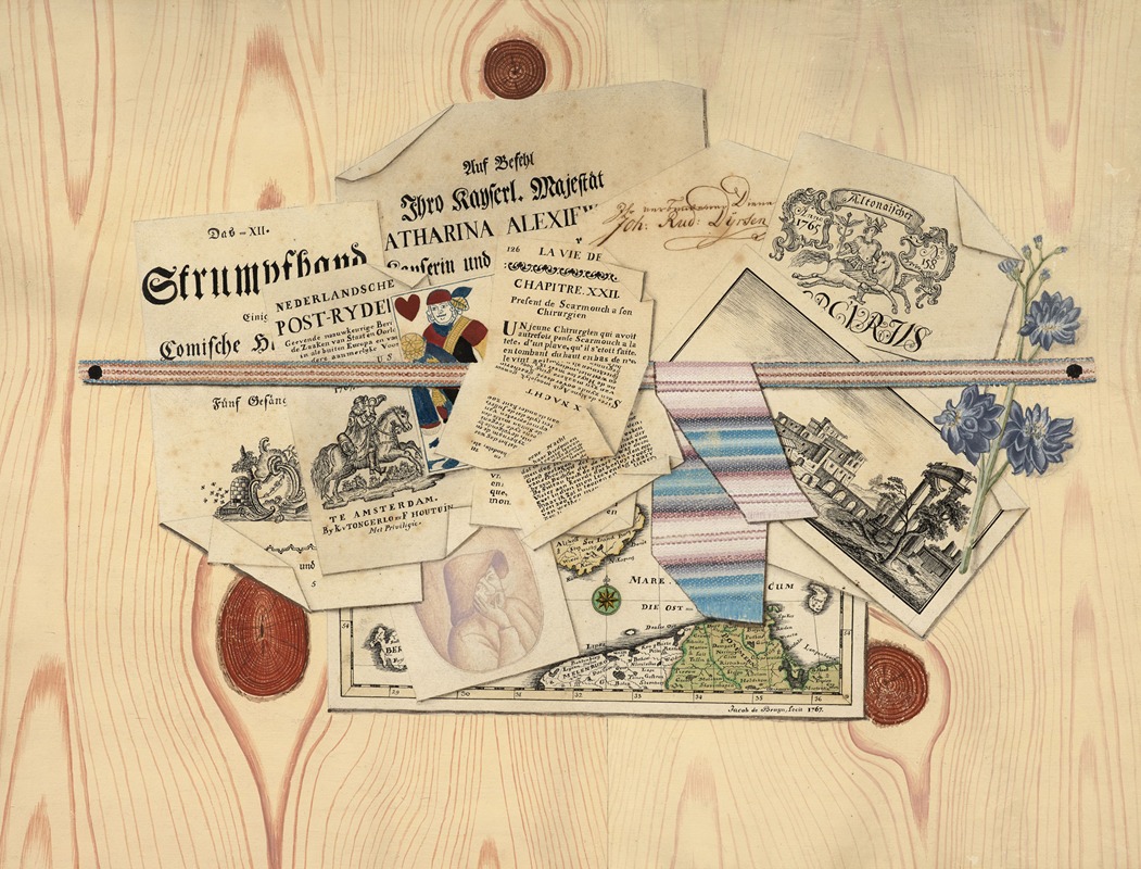 Trompe l'œil of an etching, prints and a map — Jacob De Bruyn
