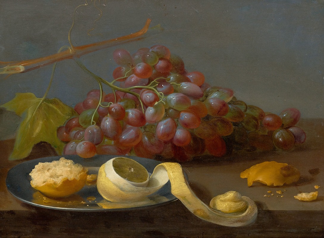 Still life with grapes, a lemon and bread on a table — Jacob Van Es