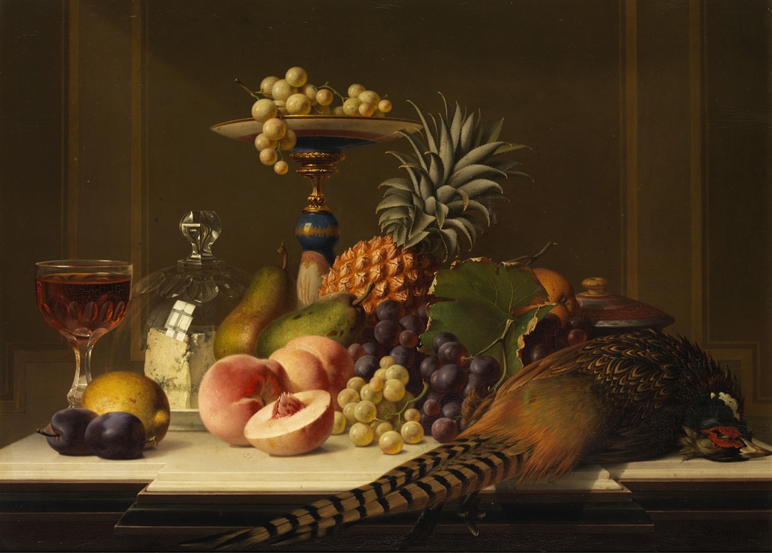 Large fruit still-life with pheasant and wine glass — Johann Wilhelm Preyer