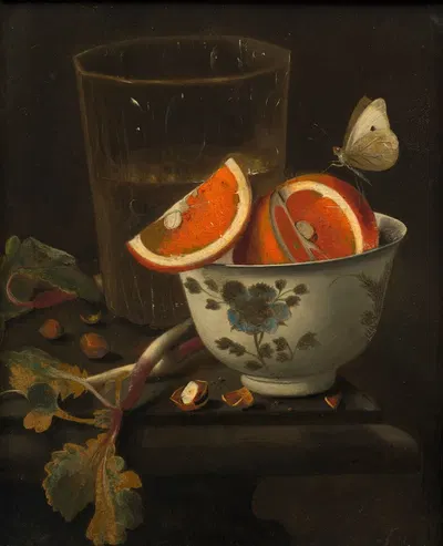 Orange in a porcelain bowl and chestnuts on an entablature by Martinus Nellius — digital art print download