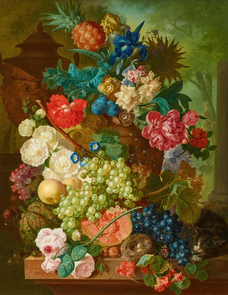 Blumen und Früchte auf einem Steinsockel — Jan Van Os