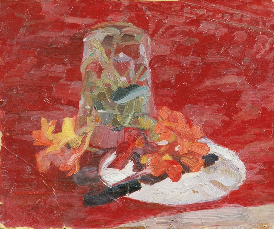 Stillleben mit Wasserglas und Blumen by Вальтер Гамерит — digital art print download