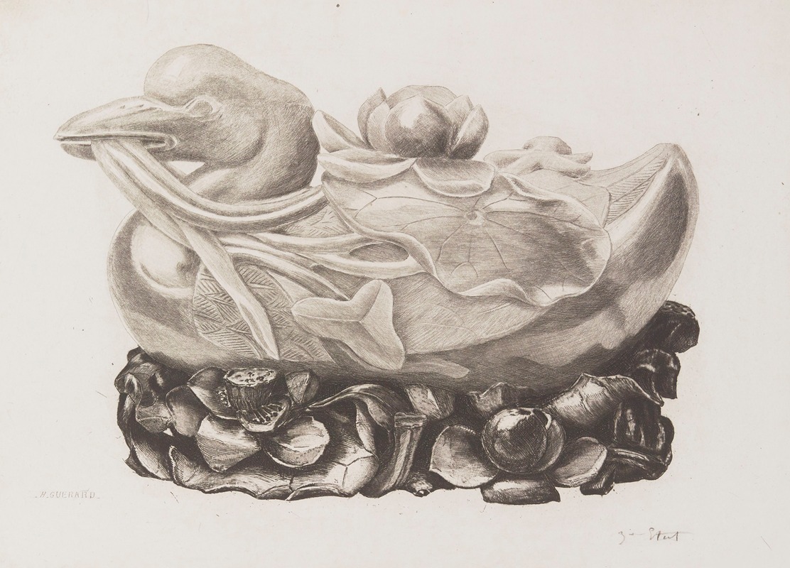 Canard au décor de nénuphar posé sur un socle — Henri-Charles Guérard