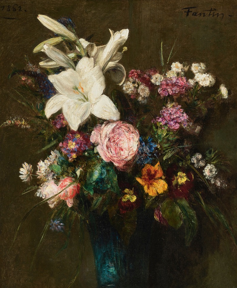 Lys et fleurs diverses dans un vase bleu — Анри Фантен-Латур