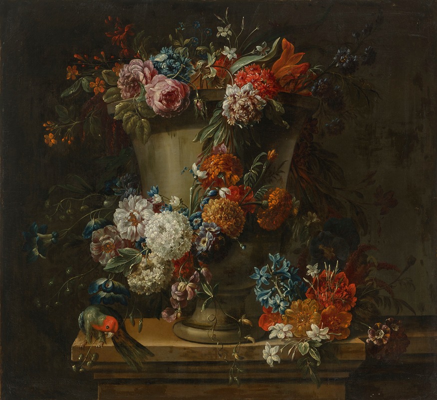 Flowers in a clay urn on a ledge — Jacobus Melchior Van Herck