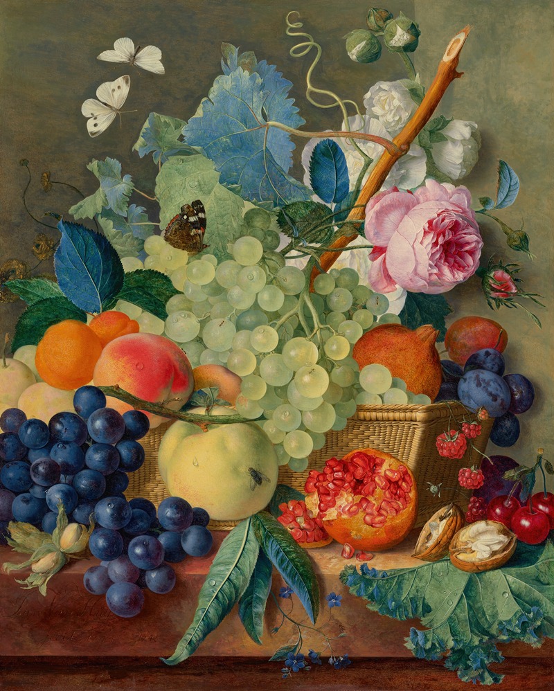 Fruit, roses and peonies in a basket with hazelnuts on a marble ledge — Jan van Huysum
