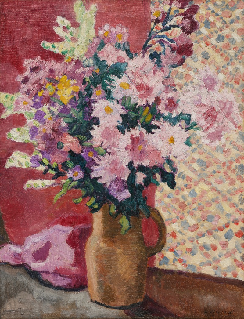 Fleurs roses au pichet en terre — Луи Вальтат