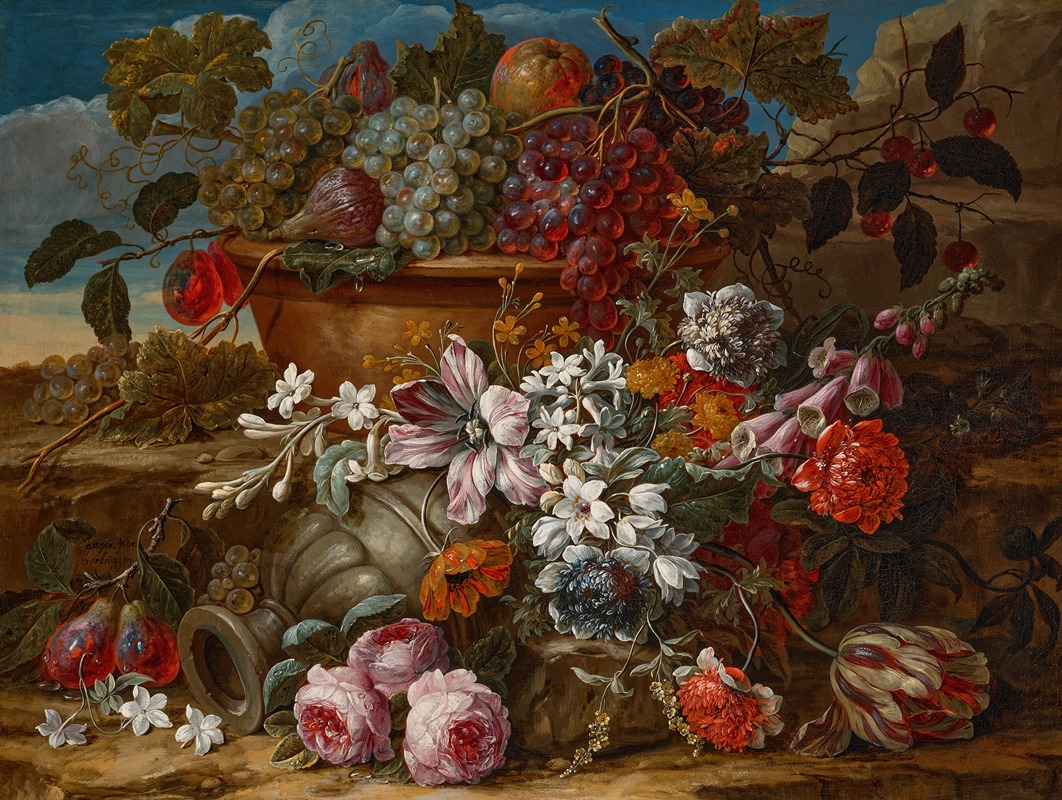 Fruit in a bowl on a ledge, with scattered flowers — Gaspar Peeter Verbruggen the Younger