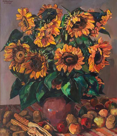 Sonnenblumen mit Äpfeln und Maiskolben by Петер Август Бёкстигель, 1938 — digital art print download