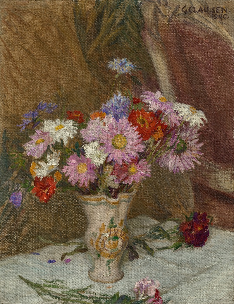 Michaelmas Daisies and Cornflowers by Сэр Джордж Клаусен, 1940 — digital art print download