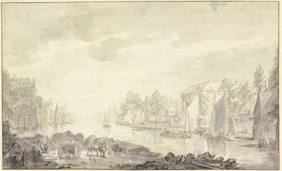 Stadtansicht am Fluss, vorne ein Wagen und Pferde by Abraham Rademaker — digital art print download