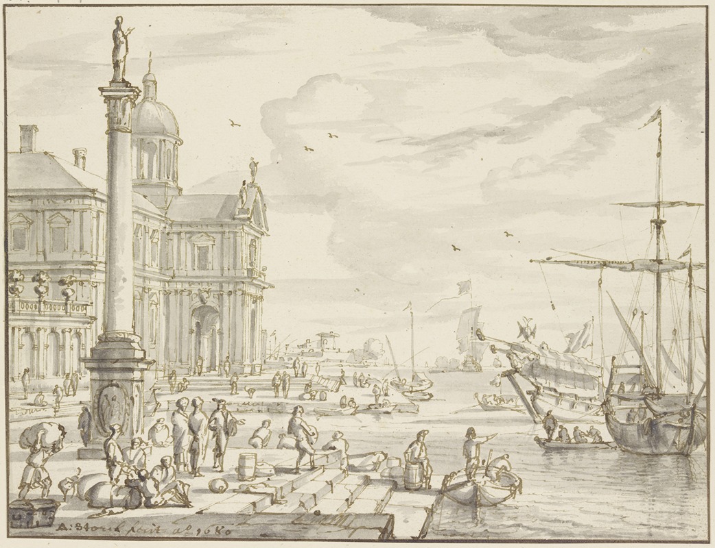 Seaport, a column on the left by Абрахам Сток, 1680 — digital art print download