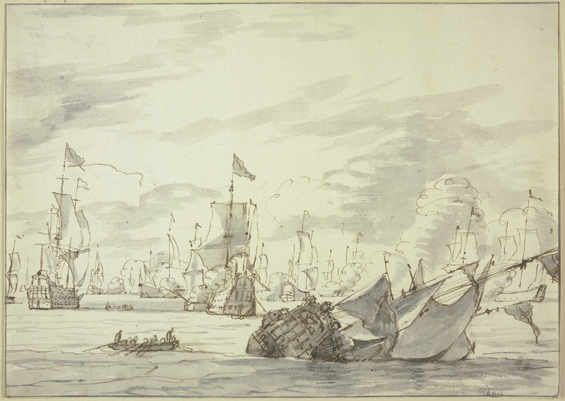 Seegefecht, vorne rechts ein sinkendes Schiff — Abraham Storck
