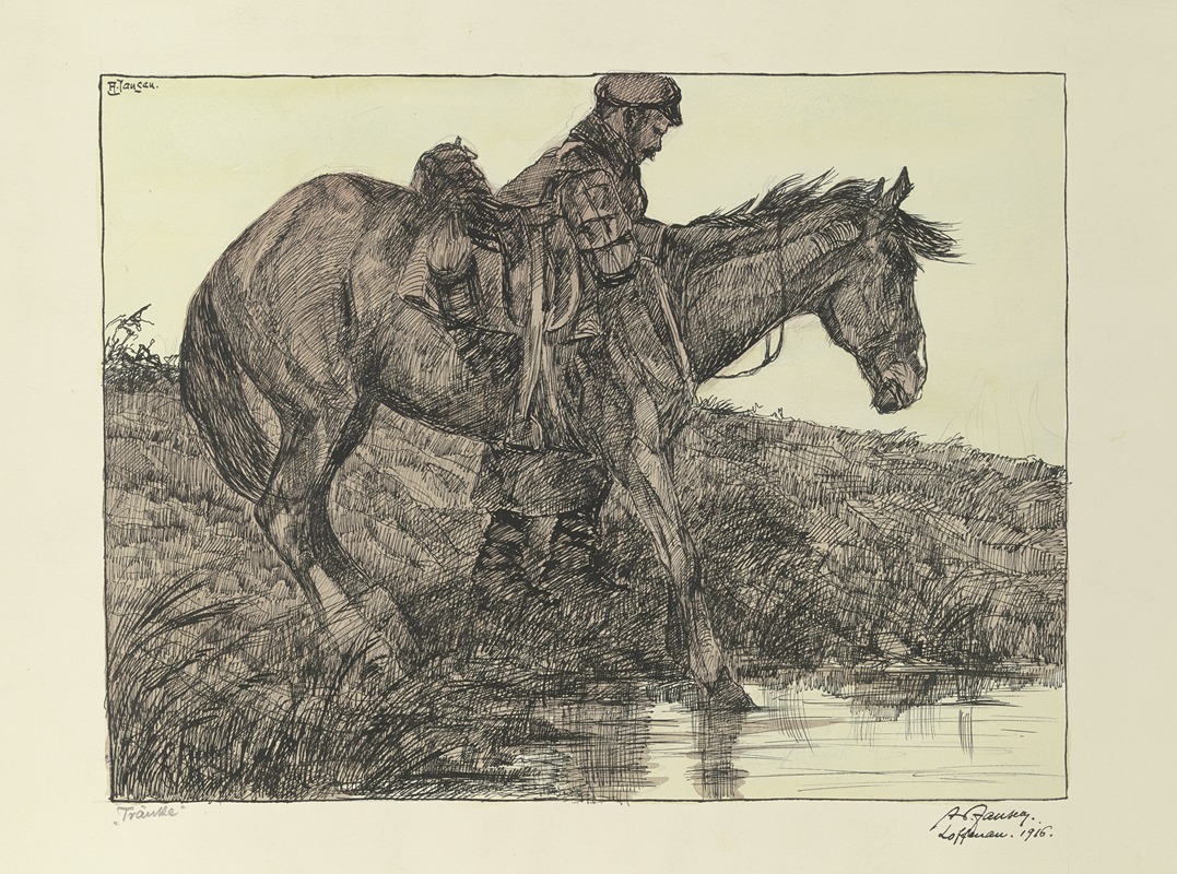 Tränke. Soldat mit Pferd am Wasser by Адольф Янсен, 1916 — digital art print download