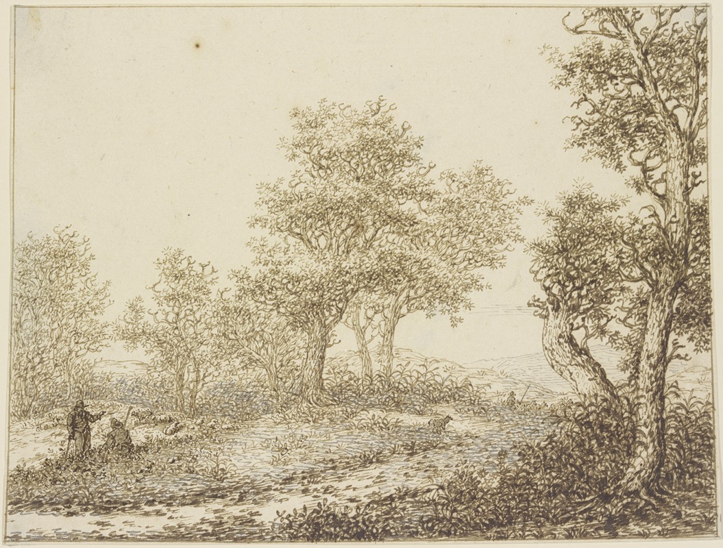 Landschaft mit Bäumen, links zwei Männer im Gespräch — Adriaen Hendriksz. Verboom
