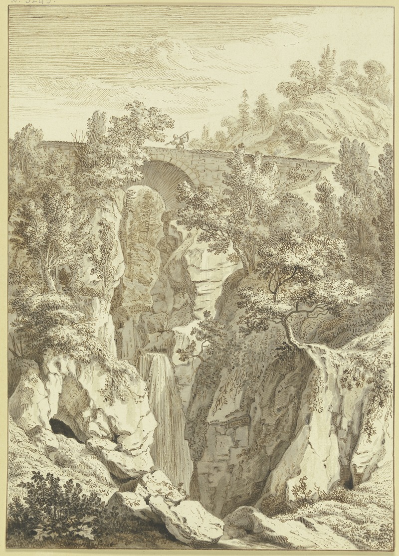 Wasserfall, über welchen eine Steinbrücke führt by Albert Meyeringh — digital art print download