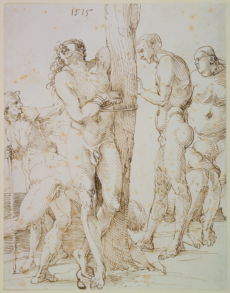 Sechs nackte Figuren, in der Mitte ein an einen Baum gefesselter Mann — Albrecht Dürer