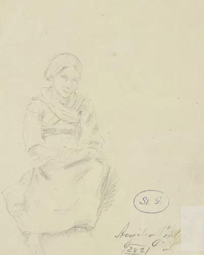 Auf dem Boden sitzende ältere Frau in bäuerlicher Tracht by Angilbert Göbel — digital art print download