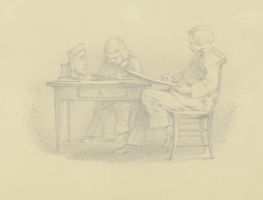 Zwei Knaben, eine Dantebüste zeichnend by Ангильберт Гёбель, 1861 — digital art print download