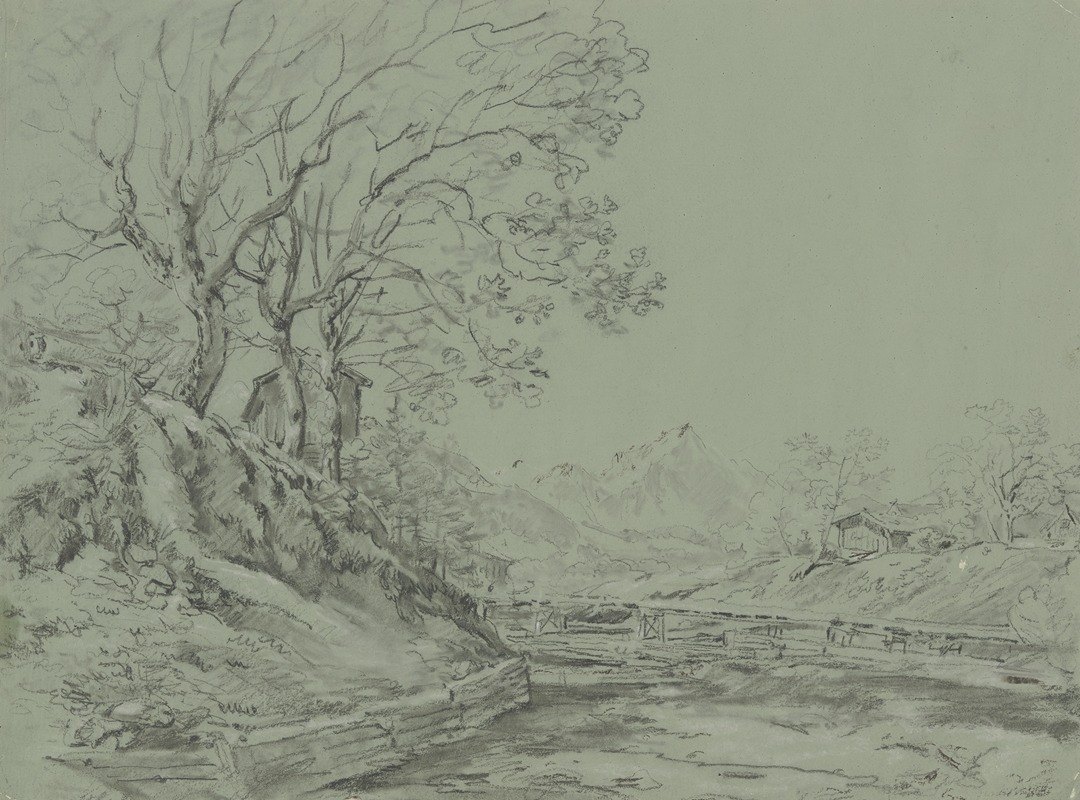 Kleiner Fluß mit Bäumen am Ufer by Антон Бургер, 1883 — digital art print download