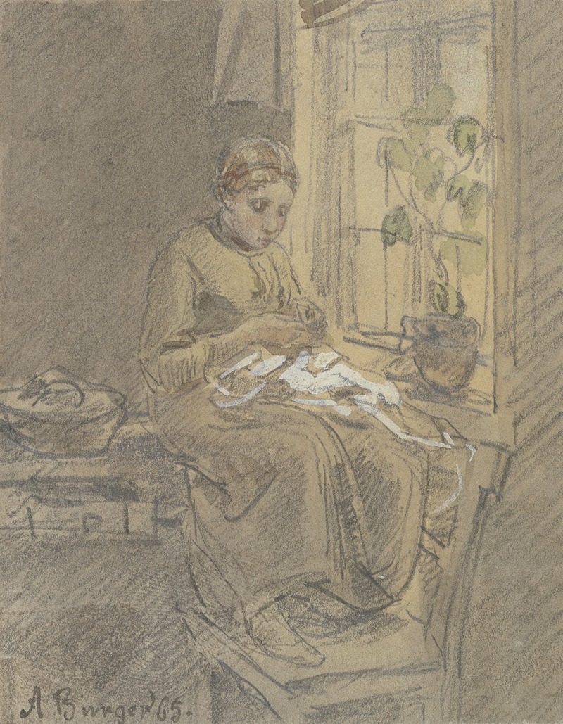 Mädchen am Fenster eine Nadel einfädelnd by Anton Burger, 1865 — digital art print download