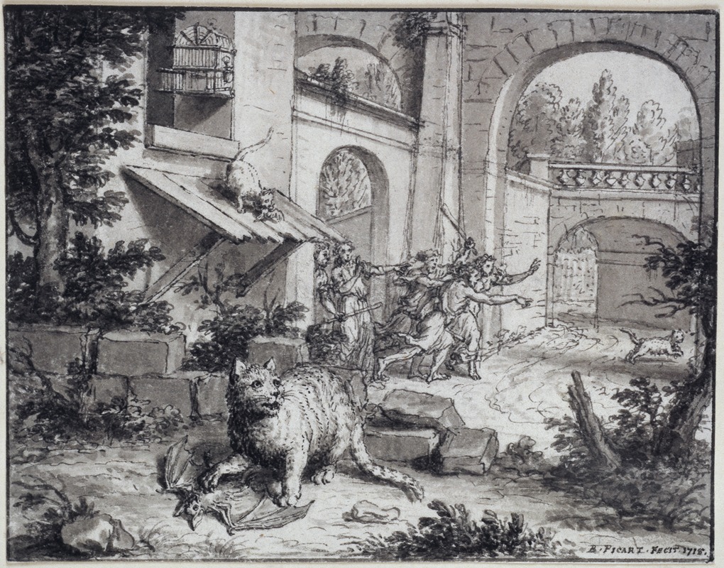 The Cat and the Bat by Бернар Пикара, 1718 — digital art print download