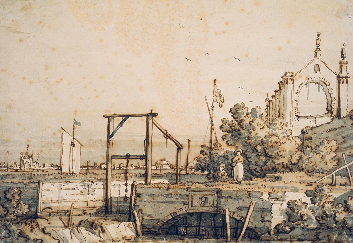 Capriccio with a Lock Gate by a River by Каналетто — digital art print download