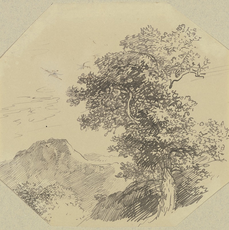 Gebirgslandschaft, rechts vorne ein großer Baum — Carl Friedrich von Rumohr