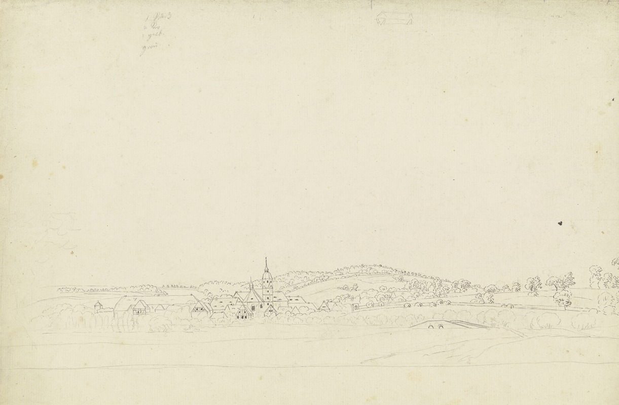 Weite Landschaft mit Dorf und Brücke by Каспар Давид Фридрих, 1799 — digital art print download