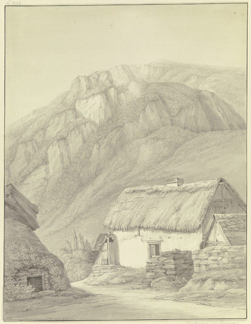 Strohhaus vor einer felsigen Berghöhe by Кристиан Георг Шютц младший, 1804 — digital art print download