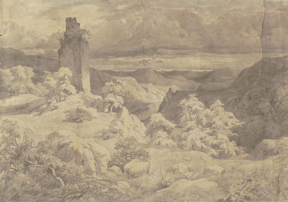 Hügelige Landschaft mit einer Turmruine by Кристиан Хеердт, 1842 — digital art print download