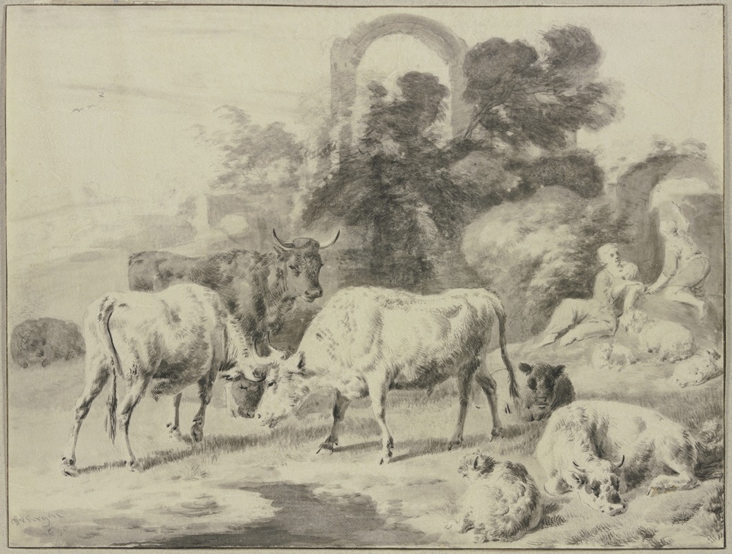 Cow herd with shepherds by Dirck van Bergen, 1690 — digital art print download